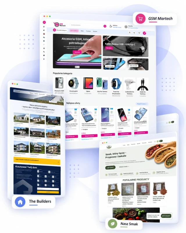 Realizacje stron WordPress i sklepów WooCommerce – GSM Martech, The Builders i Nasz Smak